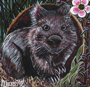 AUSTRALIAN WOMBAT WITH PEACH-FLOWERED TEA TREE Framed Canvas Print by Mirree Contemporary Aboriginal Art